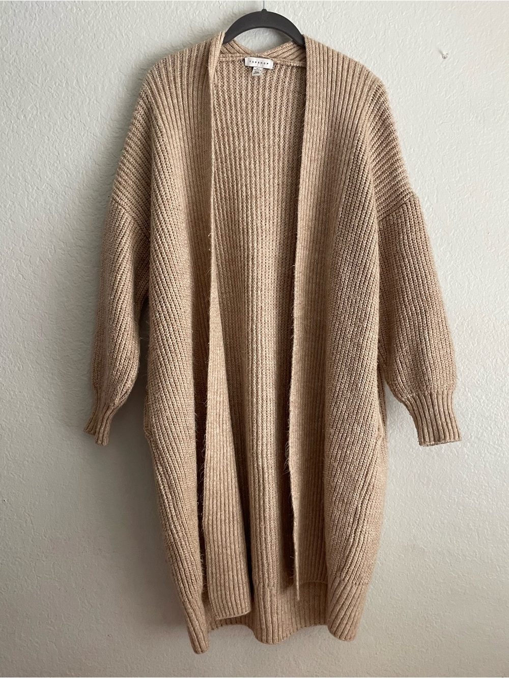 Topshop Beige Ribbed Open-Front Long Cardigan